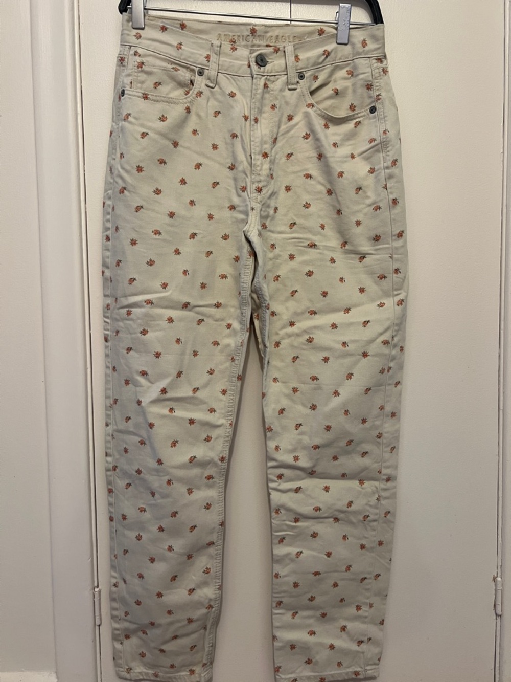 American Eagle Floral High-Rise Jeans in Cream with Rust Flowers